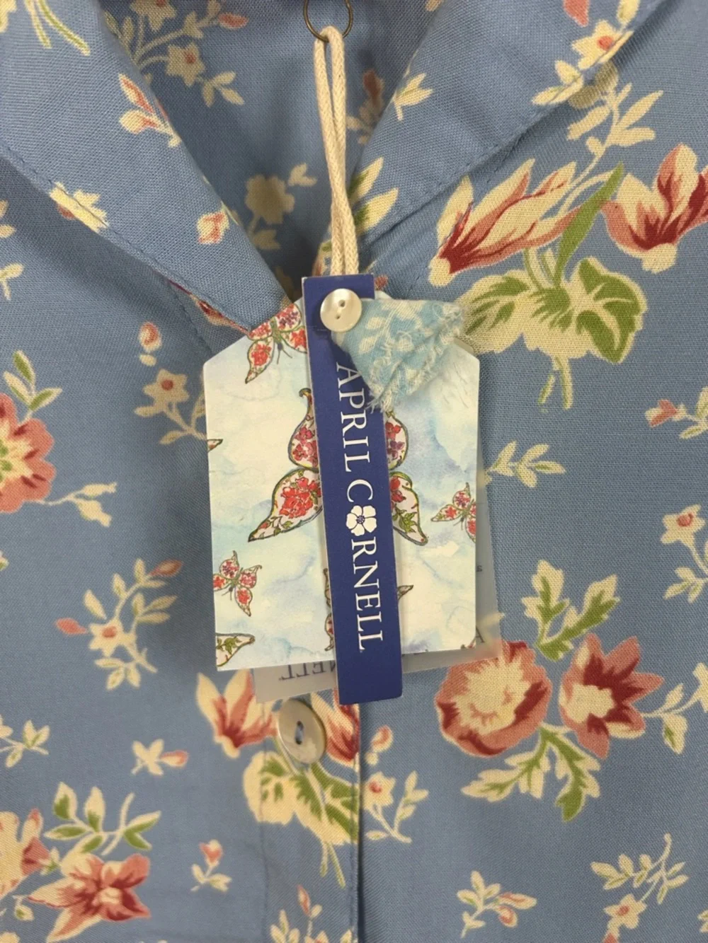 April Cornell Blue Floral Print Petra Short Sleeve Blouse Summer Top Size Large - Picture 9 of 14